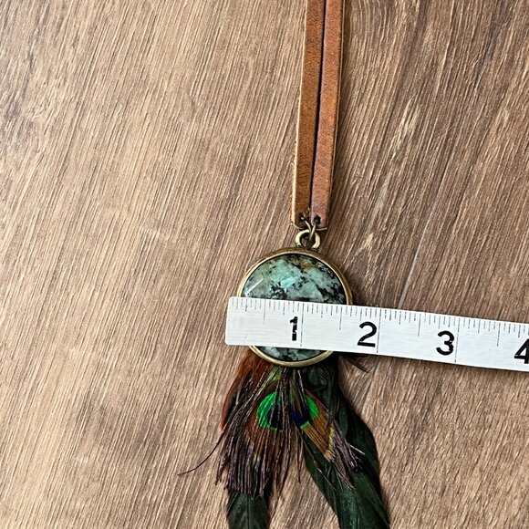 Vintage Leatherock Stone and Peacock Feather Leather Bohemian Statement Necklace - Picture 11 of 12